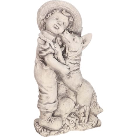 Betonskulptur eines Jungen mit Hund, graue Gartenfigur (1/5)
