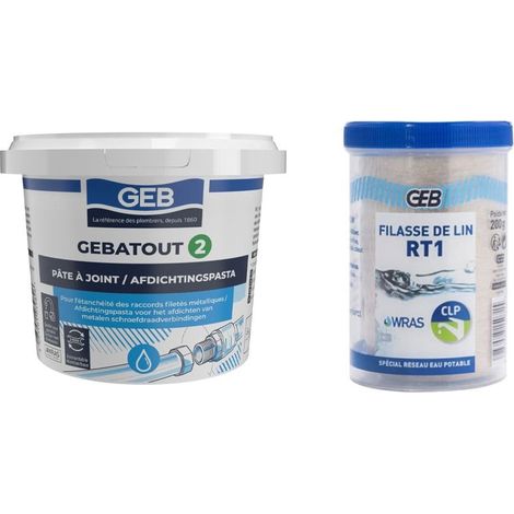 Pâte à joint Gebatout 500 gr et son Dévidoir 200 gr de filasse de lin RT1 pour étanchéité des réseaux sanitaires - Certifié au contact eau potable - GEB (1/3)
