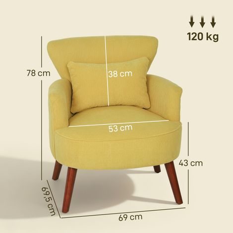 Fauteuil moderne rembourré avec coussin lombaire, pieds hévéa, jaune vif, siège d'appoint confortable pour salon ou bureau, assise moelleuse, dossier soutenant, design actuel. (1/5)