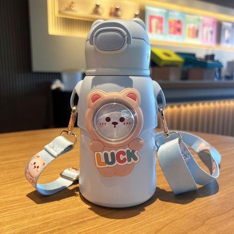 Bouteille thermos de dessin animé pour enfants de 500ml avec paille, bouteille thermos anti-fuite, bouteille d'eau kawaii bleu (1/2)