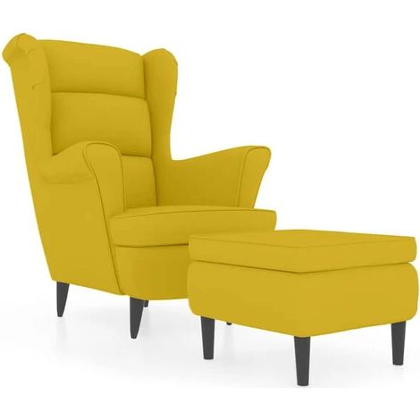 Fauteuil Ă oreilles avec repose-pieds en velours jaune moutarde (1/5)