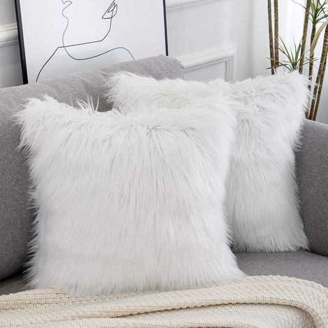 Housse De Coussin - Fausse Fourrure Style Mérinos - Carrée 45 x 45 cm - Fermeture Éclair Cachée - Blanc - Lot De 2