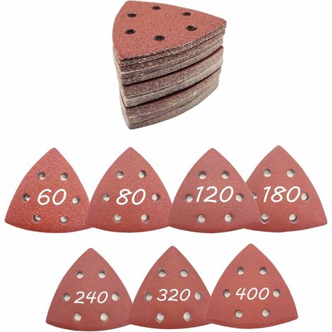 70pcs Papier Abrasif pour Ponceuse de Détail, Delta Triangles de Ponçage Mixpack 10 x Grain 60/80/120/180/240/320/400 Chacun, 93x93x93 mm 6 Trous Pour Papier Poncer Bois, Papier de Verre (1/5)