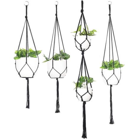Suspension Plante, Macramé Pot Suspendu, Suspension Plantes Support, 4 Pièces Cintres en pour Plantes, Extérieur Suspendue Décoration Balcon, Noir(N'inclut Pas Le Pot de Fleurs)