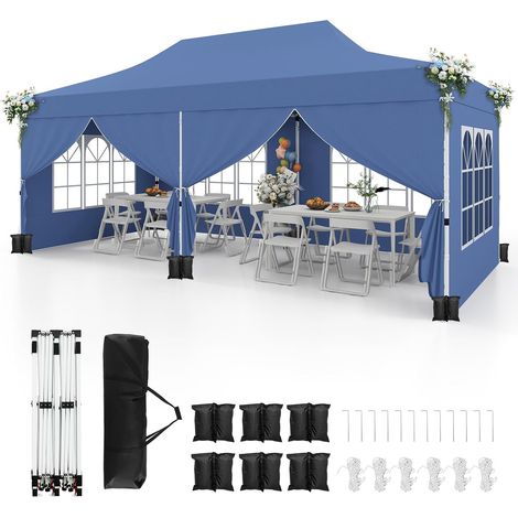 GOPLUS 3x6M Tonnelle Jardin Pliable, Hauteur Réglable, Entrées Zippées, Fenêtres, Sac de Transport, Sac Lesté Pavillon Portable Instantanée Pop-Up pour Fête,Mariage (Bleu6 Bâche, 3x6M) (1/5)