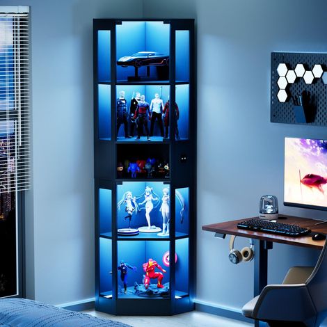 Vitrine en verre avec éclairage LED et capteur de mouvement 57 x 40 x 165 cm - Meuble d'exposition à 5 niveaux pour salon bureau et chambre en MDF - Noir