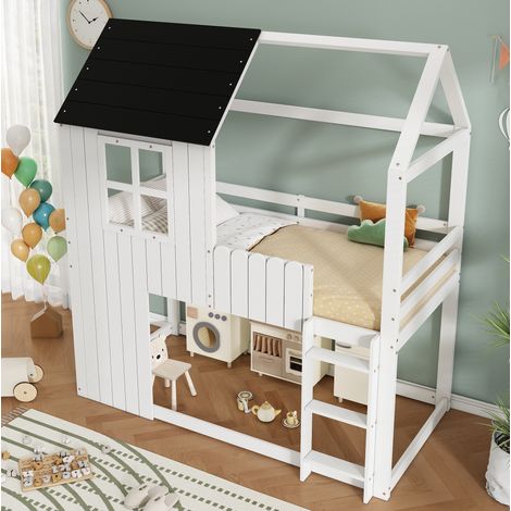 Lit mezzanine cabane enfant 90x200cm avec escalier 3 marches et barrières, bois blanc et noir (1/5)