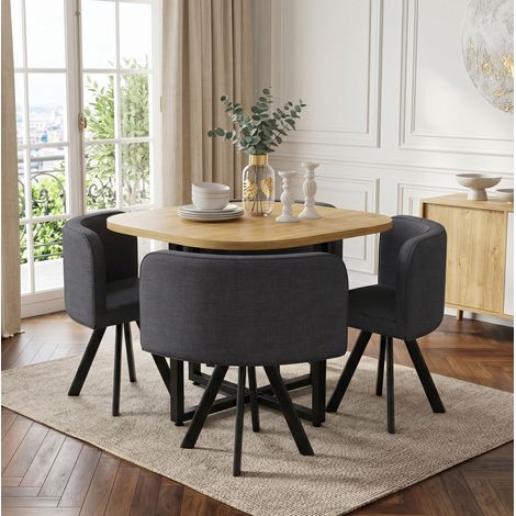 Set da pranzo in MDF e lino grigio, 4 posti, salvaspazio con sedie impilabili sotto il tavolo (1/5)