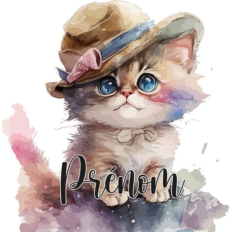 Papier peint panoramique enfant avec prénom personnalisable - Chaton Chapeau - 195 cm x 125 cm (1/2)
