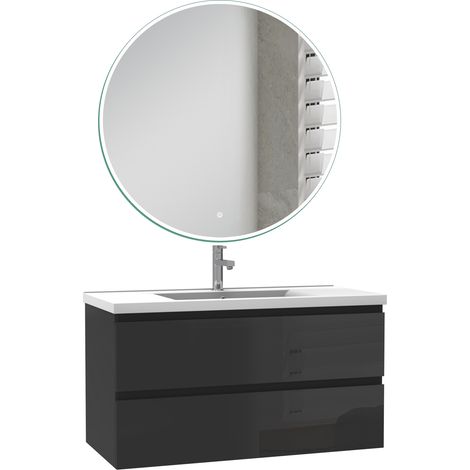 Ocean Ensemble de Meuble salle de bain 99cm Noir Haut Brillant, miroir led rond