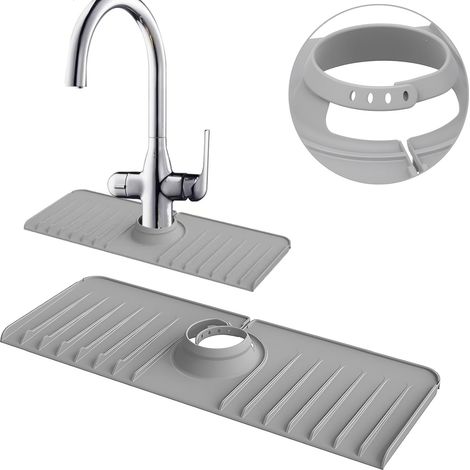 Ahlsen Silikon-Abflussmatte um den Wasserhahn, Küchenspüle-Matte, verbesserte Dicke und Neigung, Anti-Spritzschutz-Spülbecken-Schutzmatte hinter dem Wasserhahn, grau, 2 Stück, 37 x 14 x 3 cm (1/4)