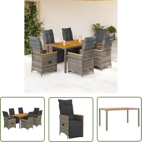 The Living Store Ensemble de bistro de jardin 7 pcs coussins gris poly rotin - Salon De Jardin - Set De Salon De Jardin - Fauteuil Inclinable - Mobilier De Jardin - Meuble De Jardin