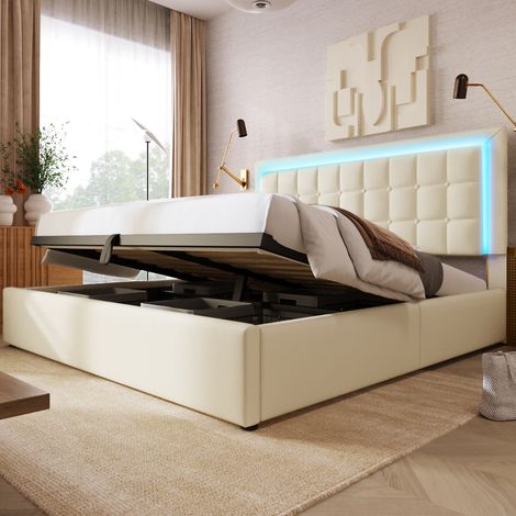 Cama doble 180/200 cm de PU blanco con LED y almacenaje, diseño elegante y uso práctico (1/5)