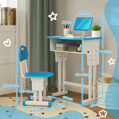 Bureau réglable en hauteur pour enfants de 6 à 12 ans (avec bibliothèque et étagère), en acier et MDF, bleu. (1/5)