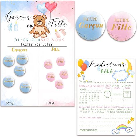 Jeux Baby Shower, Révélation de Genre : Poster + 72 Autocollants Équipe Fille ou Garçon + 20 Cartes Pronostics, Décoration Fête de Naissance en Français
