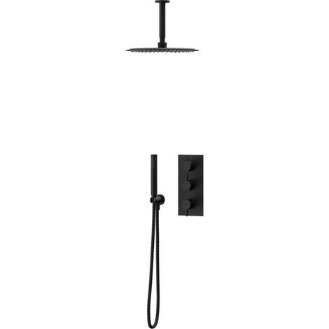 Colore Matt Black Triple Thermostatic Valve Mixer Shower Including 300mm Round Fixed Shower Head with Ceiling Arm and Round Shower Outlet Holder with Kit - 2 Outlet (1/3)