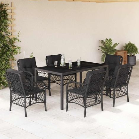 Salon de jardin 7 pièces avec coussins, résine tressée noire, table 150 x 90 cm, 66kg - PANGIVO (1/5)