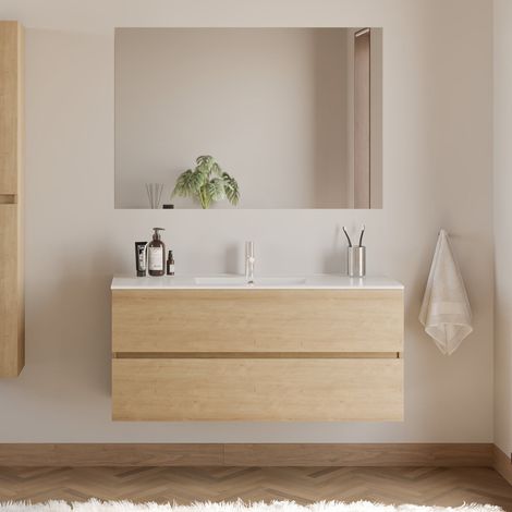 Meuble de salle de bain 120cm simple vasque - 2 tiroirs - nebraska (chêne clair) - IDA (1/5)
