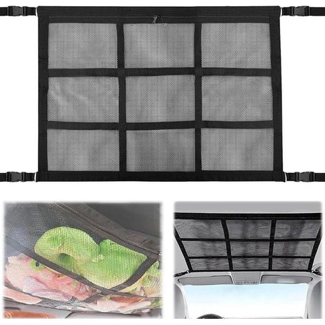 Filet de rangement de toit/plafond/intérieur de voiture Longziming - Construction en maille double couche - Installation transparente sans outil - Polyester - Élastique et indéformable - Gain de place (1/5)