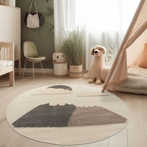 Paco Home Tappeto moderno per cameretta bambino Tappeto da gioco morbido Effetto 3D Toni naturali Ø 160 cm tondo, Crema 2