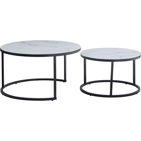 Lot 2 Tables Basses Gigognes ARTO Rondes Plateau Verre Trempé Marbré Blanc Métal Noir D80/D60