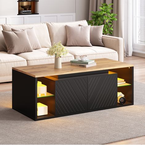 Tavolino da caffè 100 x 50 x 41 cm con LED, 2 ante e contenitore semiaperto, pannello truciolare nero e legno (1/5)