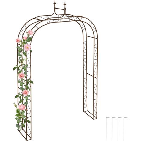 Relaxdays – Arche de jardin en acier marron pour plantes grimpantes – Dimensions H x L x P : 240 x 155 x 39 cm – Piquets de fixation inclus