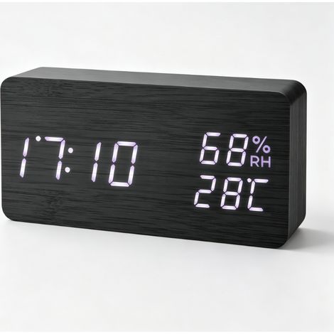 Réveil numérique LED en bois, format 12/24 heures, horloge de table avec commande vocale, date, température et humidité, port de chargement USB, rectangulaire noir (1/5)