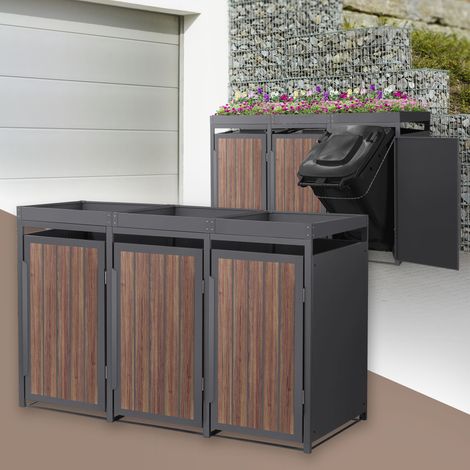 ML-Design Cobertizo para Ocultar 3 Cubos de Basura de 240L Antracita Roble Oscuro 196x80x124cm Caseta de Acero para Jardín, Contenedor Exterior Caja Resistente con Macetero Superior y Puerta Magnética (1/5)