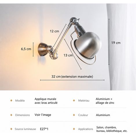 Applique murale industrielle Bauhaus modèle BD07-1 à simple tige lumière chaude bras articulé 32 × 30 × 20 cm 2 kg – Livraison gratuite
