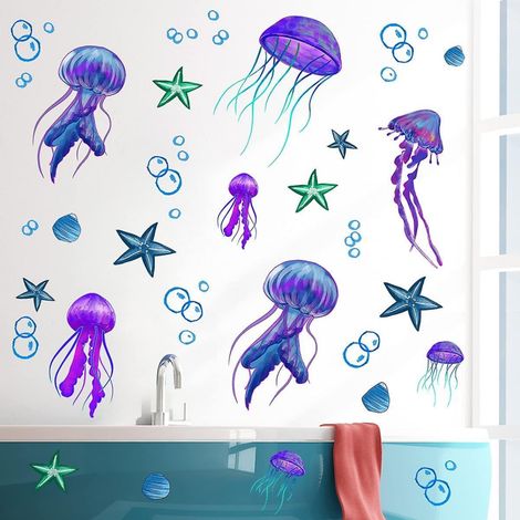 BEBUSINGOTO Autocollants muraux de méduses géantes, méduses bleues, étoiles de mer, autocollants muraux amovibles, coquille de poisson de l'océan marin, décoration artistique murale pour enfants (1/5)