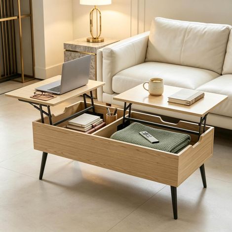 Mesa baja elevable multifuncional 100 x 50 cm con almacenaje, negro y efecto madera DESVIAE