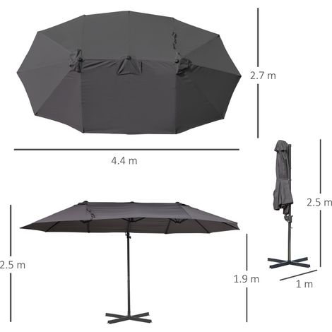 Parasol double, parasol déporté à manivelle, parasol de jardin réglable, protection solaire, métal, gris foncé, 440 x 270 x 250 cm