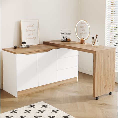 Escritorio plegable con ruedas, tablero giratorio, 120 x 50 x 78 cm, blanco y roble DESVIAE (1/5)