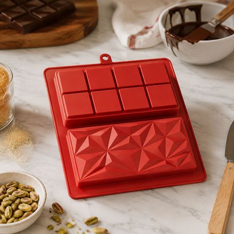 Moule à Chocolat Silicone 2 en 1 Profond 2,5°C Résistant -40°C à 230°C Design Diamant Carré Pour Barres Fourrées Pistache (1/5)