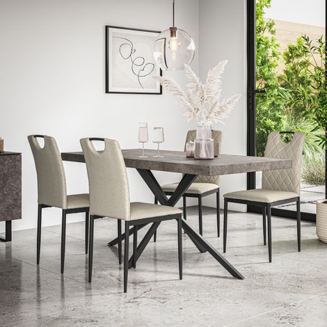 Donni Dining Table And Chairs -  Grey Table Top w Black Legs + Monza Linen Dining Chair Set Of 6 (Beige) (1/5)