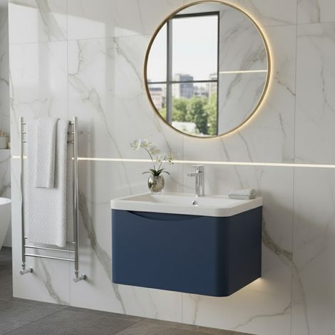 Nuie Lunar Satin Blue 600mm Wall Hung Single Drawer Vanity Unit and Polymarble Basin - LUN305 (1/5)