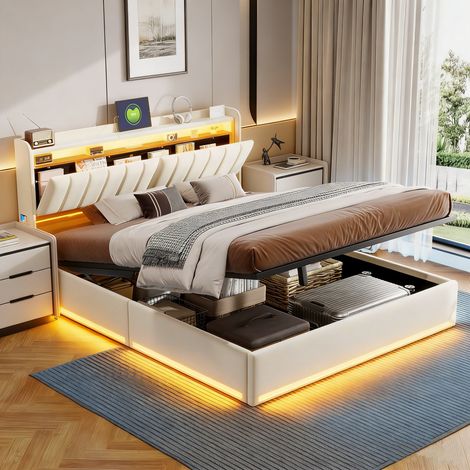 Lit double 140x200cm, lit rembourré avec LED et USB, tête de lit, espace de rangement, sommier à lattes, velours, beige