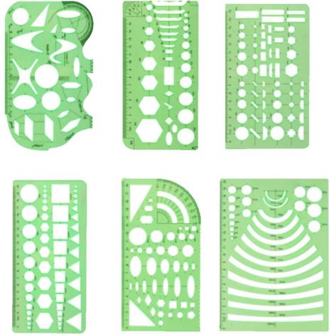 6 gabarits géométriques verts, gabarits en plastique avec cercles et ovales pour dessin technique. (1/5)