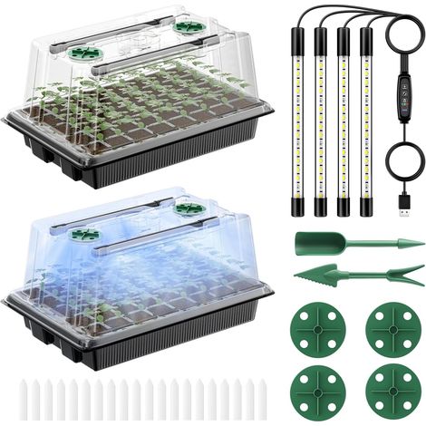 Seedling Trays 2 Pack 80 Cell Starter Kit with Adjustable Light Bars and Humidity Domes 9 cm Germination Tray with Lids Reusable Trays for Seedlings, Indoor Greenhouse (1/5)