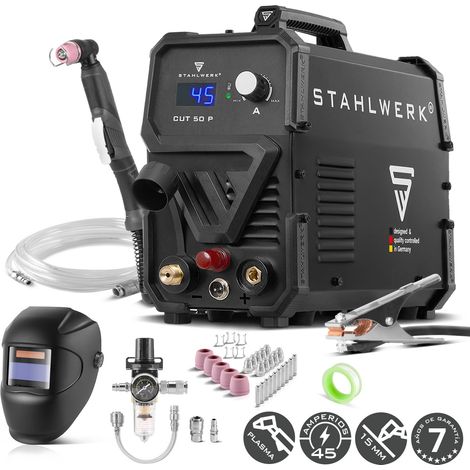 STAHLWERK Cortador de plasma CUT 50 P – Equipo completo – 15-45 A, capacidad de corte hasta 15 mm, Plasma Cutter con encendido HF Pilot, refrigeración inteligente, fácil manejo, muchos accesorios (1/5)
