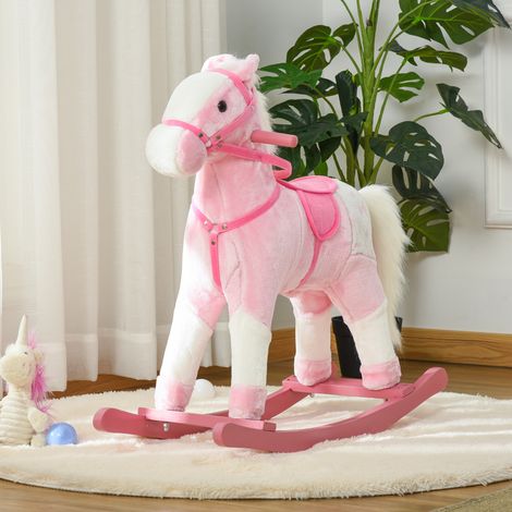 Cheval à bascule en bois avec bruit d’animal, jouet cadeau pour enfants, 74 x 28 x 65 cm, rose (1/5)