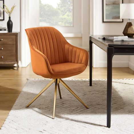 Drehstuhl Samt Orange mit Armlehnen und Metallbeinen (1/5)