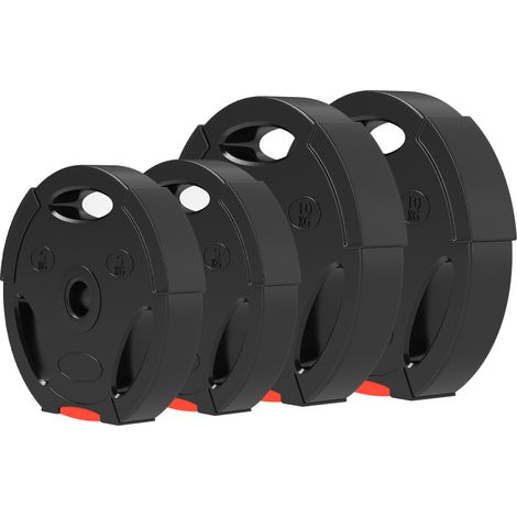 Ensemble de 4 disques de musculation pour l'entraînement, la salle de sport, les séances à domicile et le renforcement musculaire : 2 disques de 10 kg et 2 disques de 5 kg, noirs.