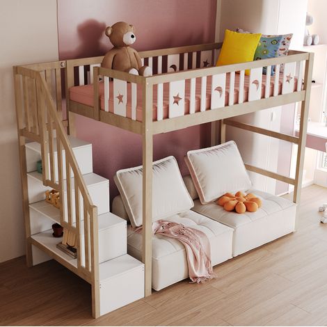 Letto a soppalco 90x200 cm bianco e naturale in legno massello con scala contenitore e protezioni (1/5)