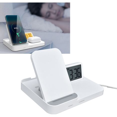 Réveil à chargement sans fil, écouteurs multifonctionnels 3 en 1 pour téléphone portable, charge rapide, horloge électronique LED simple et élégante, alimentée par USB. (1/5)