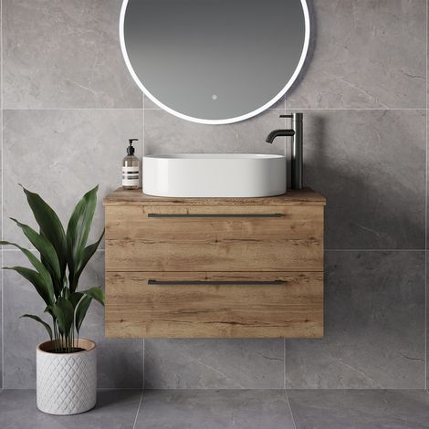 Napoli 390 Tobacco Oak 800mm Wall Mounted 2 Drawer Vanity Unit for Countertop Basins - 800mm - Gunmetal Grey 480mm Handle