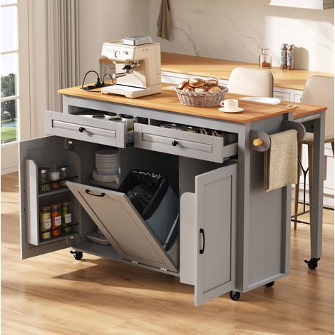Îlot de cuisine 120x40-75x92 cm gris en MDF avec plan extensible, prises intégrées et roulettes (1/5)