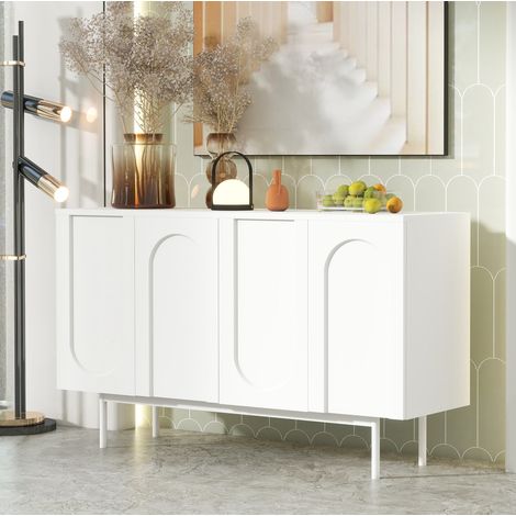 Buffet blanc en MDF avec 4 portes, étagères réglables et pieds en métal (1/5)