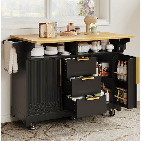 OKWISH Isla de cocina con ruedas y encimera abatible a ambos lados, MDF, negra (1/5)